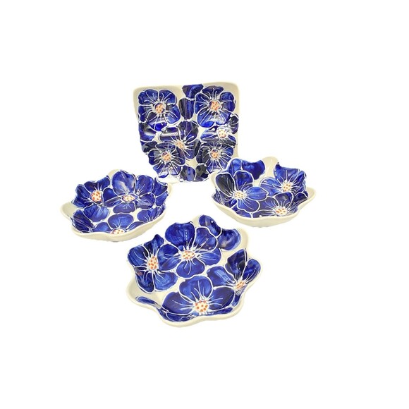 Vintage Ceramicas Anoru Spain Hand painted Floral Bowls Blue And White Snack Set - Picture 7 of 9